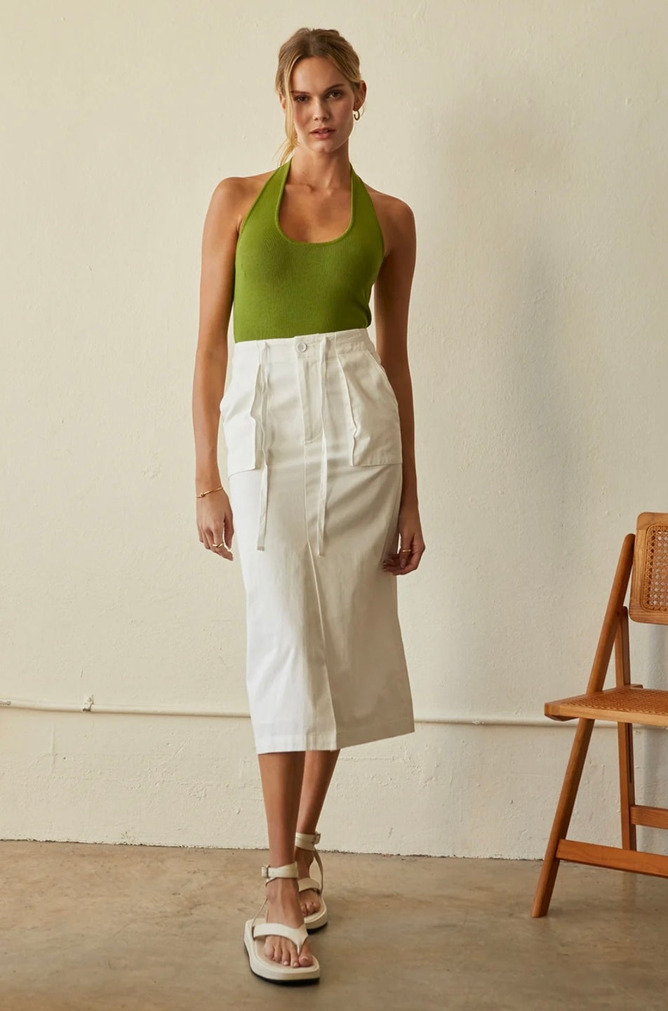 WHITE COTTON MIDI SKIRT