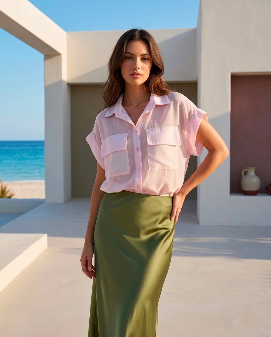 Woman in a pink shirt and green skirt standing in a sunlit outdoor setting with ocean view.