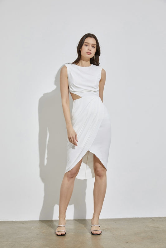 WHITE OPEN SIDE MIDI DRESS